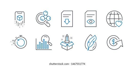 Set of Technology icons, such as Startup, Chemistry lab, Augmented reality, International love, Hypoallergenic tested, Download file, Fast recovery, View document, Search, Dollar exchange. Vector
