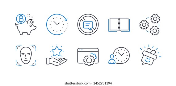 Set of Technology icons, such as Stop talking, Gears, Face detection, Book, Loyalty program, Time change, Seo gear, Time management, Bitcoin coin, Smile line icons. Do not talk, Work process. Vector