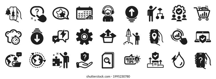 Set of Technology icons, such as Strategy, Question button, Laptop insurance icons. Cooking timer, Location app, Hydroelectricity signs. Graph chart, Service, Calendar graph. Ask question. Vector