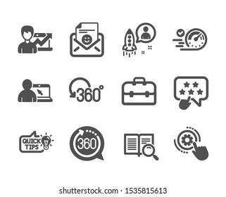 Set of Technology icons, such as Success business, Startup, Online education, Smile, 360 degrees, Cogwheel settings, Portfolio, Search text, Ranking star, Full rotation, Education idea. Vector
