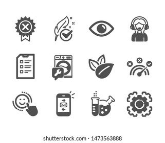 Set of Technology icons, such as Support, Chemistry lab, Mail, Hypoallergenic tested, Reject medal, Washing machine, Eye, Seo gear, Smile, Checklist, Correct answer, Organic product. Vector