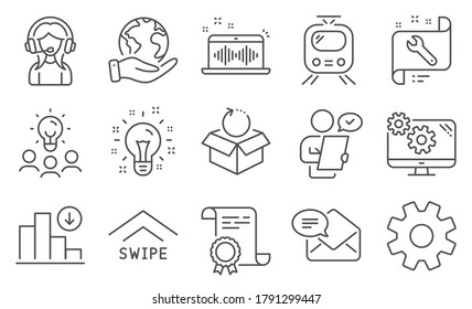 Set of Technology icons, such as Support, Spanner. Diploma, ideas, save planet. Service, New mail, Swipe up. Train, Music making, Decreasing graph. Customer survey, Idea, Return package. Vector