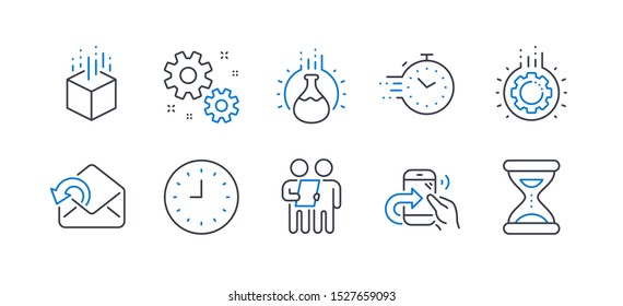 Set of Technology icons, such as Survey, Gear, Augmented reality, Timer, Share call, Work, Clock, Chemistry experiment, Send mail, Time line icons. Contract, Work process. Line survey icon. Vector