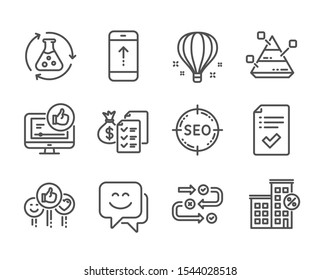 Set of Technology icons, such as Survey progress, Smile face, Air balloon, Approved checklist, Loan house, Chemistry experiment, Accounting wealth, Like video, Pyramid chart, Seo, Swipe up. Vector