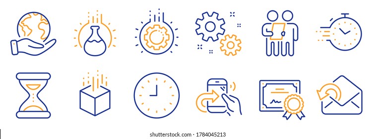 Set of Technology icons, such as Survey, Gear. Certificate, save planet. Augmented reality, Timer, Share call. Work, Clock, Chemistry experiment. Send mail, Time line icons. Vector