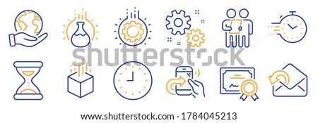 Set of Technology icons, such as Survey, Gear. Certificate, save planet. Augmented reality, Timer, Share call. Work, Clock, Chemistry experiment. Send mail, Time line icons. Vector