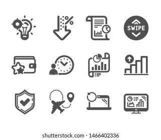 Set of Technology icons, such as Swipe up, Graph chart, Confirmed, Recovery laptop, Low percent, Seo idea, Report, Analytics graph, Loyalty program, Report document, Airplane. Swipe up icon. Vector
