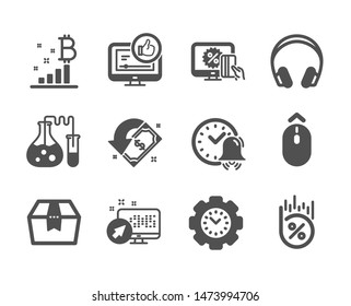Set of Technology icons, such as Swipe up, Package box, Cashback, Loan percent, Headphones, Online shopping, Time management, Chemistry lab, Web system, Alarm bell, Like video. Swipe up icon. Vector
