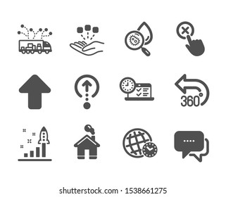 Set of Technology icons, such as Swipe up, Home, Reject click, Development plan, Time zone, Upload, Truck delivery, Message, Online test, 360 degrees, Water analysis, Consolidation. Vector