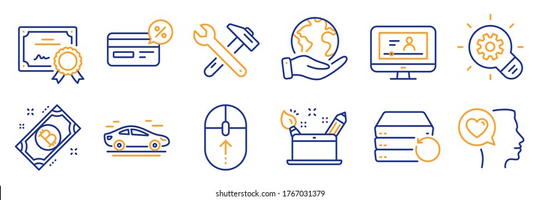 Set of Technology icons, such as Swipe up, Spanner tool. Certificate, save planet. Recovery server, Creativity concept, Cogwheel. Bitcoin, Online video, Cashback. Car, Romantic talk line icons. Vector