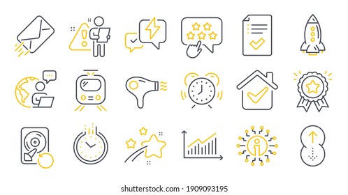 Set of Technology icons, such as Swipe up, Info, Hair dryer symbols. Time, Time management, Lightning bolt signs. Graph, Loyalty award, Rocket. E-mail, Ranking star, Approved checklist. Vector