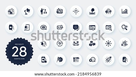 Set of Technology icons, such as Table lamp, Wind energy and Chat messages flat icons. Parking security, Like, Gps web elements. Elastic, Location app, Dating signs. Graph chart. Vector