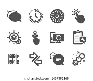 Set of Technology icons, such as Talk bubble, Cogwheel, Touchpoint, Time, Swipe up, Spanner, Recovery computer, Text message, Synchronize, Parking place, Chemical formula, Fan engine. Vector