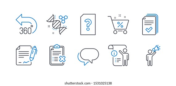 Set of Technology icons, such as Talk bubble, Handout, 360 degrees, Manual doc, Signing document, Chemistry dna, Unknown file, Loan percent, Reject checklist, Brand ambassador line icons. Vector