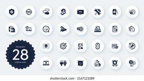 Set of Technology icons, such as Talk bubble, 24h service and Settings gear flat icons. Typewriter, Electronic thermometer, Loan percent web elements. Computer cables, Locked app. Vector