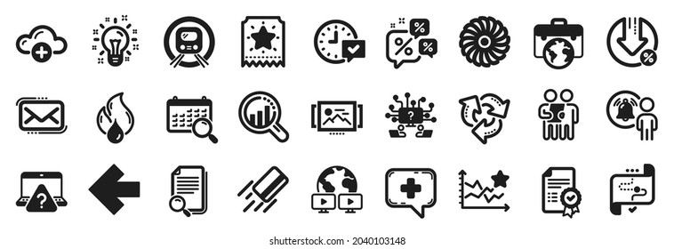 Juego de iconos de tecnología, como Ruta de destino, Tarjeta de crédito, Seleccionar iconos de alarma. Flecha izquierda, análisis de sesión, signos de archivo de búsqueda. Caso de hombre de negocios, billete de lealtad, chat médico. Reciclar, Encuesta. Vector