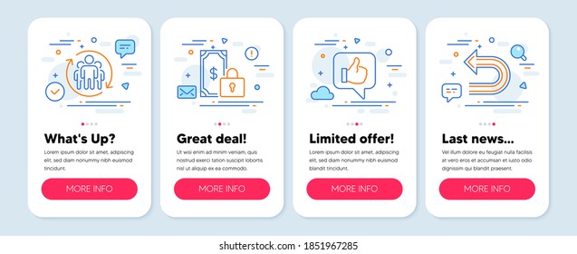 Juego de iconos de Tecnología, como Teamwork, Pago privado, Como símbolos. Banners de simulación de aplicaciones móviles. Deshacer iconos de línea. Los empleados cambian, finanzas seguras, números nuevos. Giro a la izquierda. Iconos de trabajo en equipo. Vector