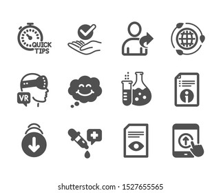 Set of Technology icons, such as Technical info, Augmented reality, View document, Swipe up, Approved, Quick tips, Smile, Chemistry pipette, Eco energy, Refer friend, Chemistry flask. Vector