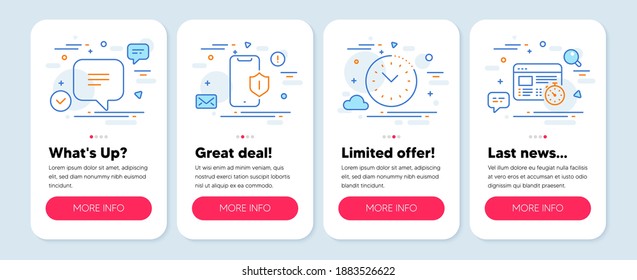 Set of Technology icons, such as Text message, Time management, Smartphone protection symbols. Mobile screen banners. Web timer line icons. Chat bubble, Office clock, Phone. Online test. Vector