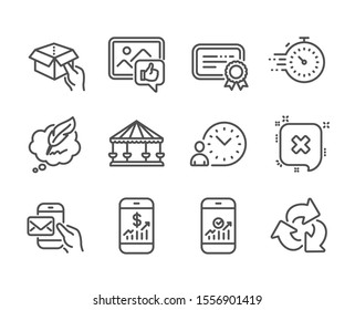 Set of Technology icons, such as Time management, Copyright chat, Hold box, Timer, Like photo, Messenger mail, Mobile finance, Carousels, Certificate, Smartphone statistics, Reject. Vector