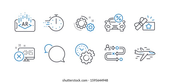 Set of Technology icons, such as Time management, Car leasing, Gears, Loyalty gift, Cooking timer, Reject access, Augmented reality, Journey path, Messenger, Airplane line icons. Vector