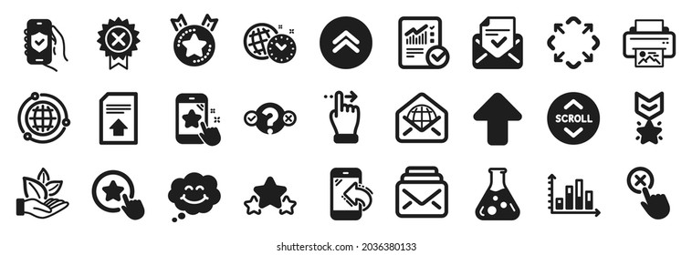 Set Of Technology Icons, Such As Time Management, Organic Product, Swipe Up Icons. Diagram Graph, Ranking Star, Loyalty Star Signs. Mail, Upload, Reject Click. Approved Mail, Security App. Vector