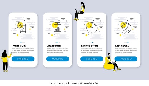 Juego de iconos de tecnología, como Time, Graph phone, Best app iconos. pantallas de aplicación de la interfaz de usuario con personas. Símbolos de la línea de seguro mundial. Reloj, estadísticas móviles, estrellas de clasificación. Protección de Internet. Vector