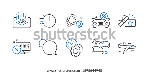 Set\
of Technology icons, such as Time management, Car leasing, Gears,\
Loyalty gift, Cooking timer, Reject access, Augmented reality,\
Journey path, Messenger, Airplane line icons.\
Vector