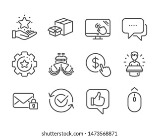 Set of Technology icons, such as Touch screen, Like, Swipe up, Loyalty program, Settings gear, Brand ambassador, Ship, Secure mail, Message, Approved, Buy currency, Packing boxes. Vector