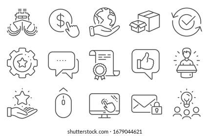 Set of Technology icons, such as Touch screen, Like. Diploma, ideas, save planet. Swipe up, Loyalty program, Settings gear. Brand ambassador, Ship, Secure mail. Message, Approved, Buy currency. Vector