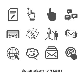 Set of Technology icons, such as Touchscreen gesture, Internet, Parking garage, Refresh mail, Edit document, Chat messages, Yummy smile, Hand click, Click, Launch project, Mail. Vector