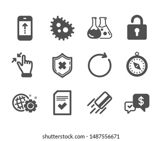 Set of Technology icons, such as Touchscreen gesture, Lock, Chemistry lab, Synchronize, Travel compass, Checked file, Swipe up, Credit card, Seo gear, Bacteria, Reject protection. Vector