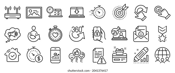 Juego de iconos de tecnología, como gestos de pantalla táctil, química en línea, iconos de prueba en línea. Sonrisa, foto, carteles de medallas ganadoras. 360 grados, estadísticas de Smartphone, Timer. Editar estadísticas. Vector