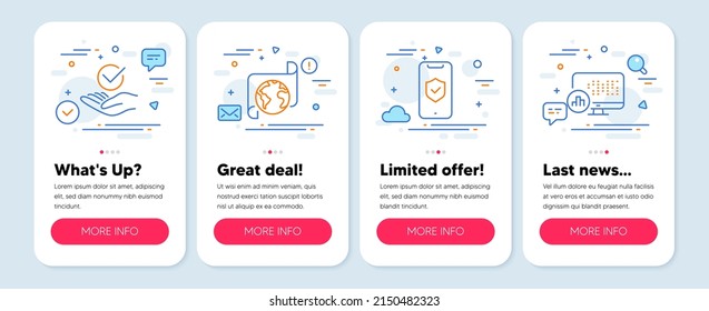 Conjunto de iconos de tecnología, como el servicio de traducción, Aprobado, símbolos de protección de teléfono. Banners de aplicaciones de pantalla móvil. Iconos de la línea de estadísticas de informes. Vector