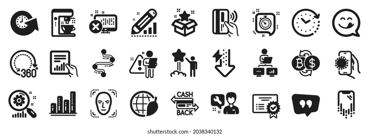 Set of Technology icons, such as Update time, Search employee, Coffee maker icons. 360 degrees, Contactless payment, Energy drops signs. Covid app, Time change, Environment day. Repairman. Vector