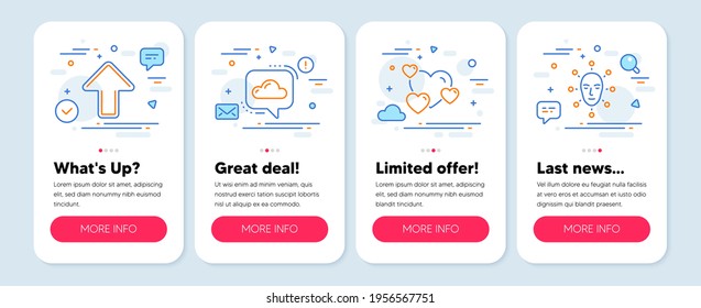 Set of Technology icons, such as Upload, Heart, Cloud communication symbols. Mobile screen banners. Face biometrics line icons. Load arrowhead, Love rating, Online message. Facial recognition. Vector