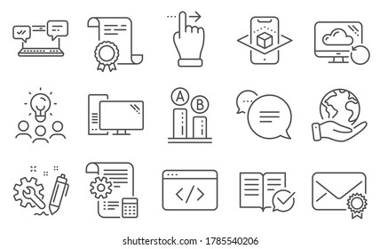 Set of Technology icons, such as Verified mail, Text message. Diploma, ideas, save planet. Engineering, Settings blueprint, Augmented reality. Ab testing, Recovery cloud, Seo script. Vector