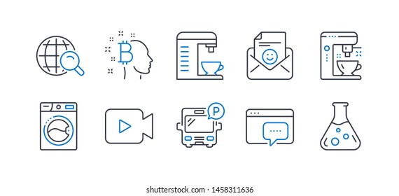 Set of Technology icons, such as Video camera, Washing machine, Smile, Coffee maker, Internet search, Seo message, Bitcoin think, Coffee machine, Bus parking, Chemistry lab line icons. Vector