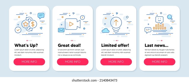 Set Of Technology Icons, Such As Video Camera, Loyalty Points, Swipe Up Symbols. Mobile App Mockup Banners. Smile Line Icons. Movie Or Cinema, Change Dollar, Scrolling Page. Positive Feedback. Vector