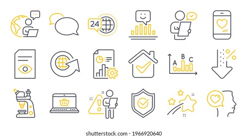 Set of Technology icons, such as View document, World globe, Romantic talk symbols. Survey results, Smile, Customer survey signs. Low percent, Report, Love chat. Microscope, 24h service. Vector