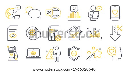 Set of Technology icons, such as View document, World globe, Romantic talk symbols. Survey results, Smile, Customer survey signs. Low percent, Report, Love chat. Microscope, 24h service. Vector