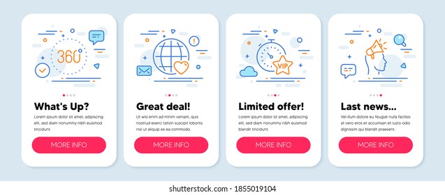 Juego de iconos de la tecnología, como el temporizador de Vip, 360 grados, símbolos de amor internacionales. Banners de aplicaciones de pantalla móvil. Iconos de línea de embajador de marca. Vector