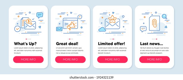 Set of Technology icons, such as Vip mail, Seo marketing, Accounting report symbols. Mobile screen mockup banners. Attachment line icons. Exclusive privilege, Megaphone, Check finance. Vector