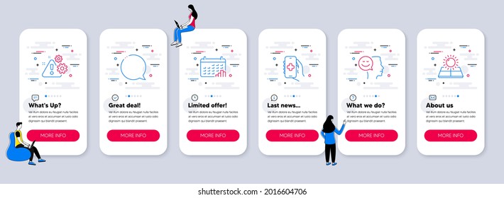 Set Of Technology Icons, Such As Warning, Health App, Speech Bubble Icons. UI Phone App Screens With Teamwork. Good Mood, Calendar Graph, Sun Energy Line Symbols. Vector