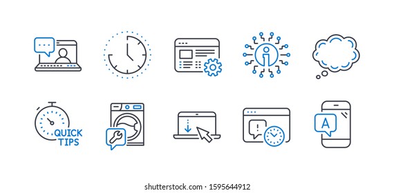Set of Technology icons, such as Washing machine, Comic message, Scroll down, Time, Web settings, Project deadline, Info, Friends chat, Quick tips, Ab testing line icons. Vector