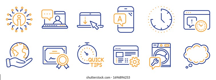 Set of Technology icons, such as Washing machine, Comic message. Certificate, save planet. Scroll down, Time, Web settings. Project deadline, Info, Friends chat. Vector