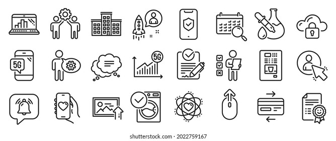 Set of Technology icons, such as Washing machine, User, Employees teamwork icons. 5g statistics, Upload photo, Company signs. Atom, Cloud protection, Text message. Notification bubble, Rfp. Vector