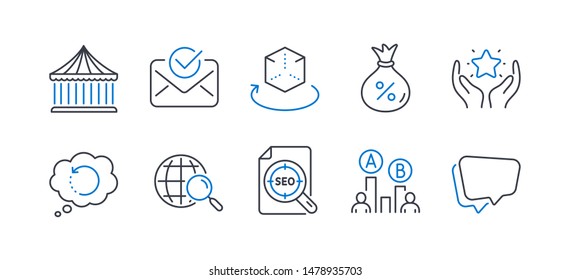 Set of Technology icons, such as Web search, Carousels, Ranking, Recovery data, Ab testing, Approved mail, Loan, Augmented reality, Seo file, Speech bubble line icons. Line web search icon. Vector