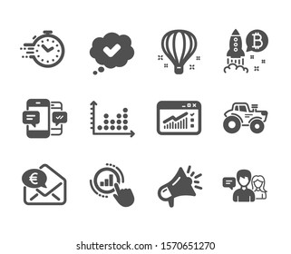 Set of Technology icons, such as Web traffic, Bitcoin project, Graph chart, Megaphone, Air balloon, Euro money, Smartphone sms, Dot plot, Tractor, Approved, People talking, Timer. Vector