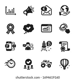 Set of Technology icons, such as Web traffic, Bitcoin project. Certificate, approved group, save planet. Graph chart, Megaphone, Air balloon. Euro money, Smartphone sms, Dot plot. Vector